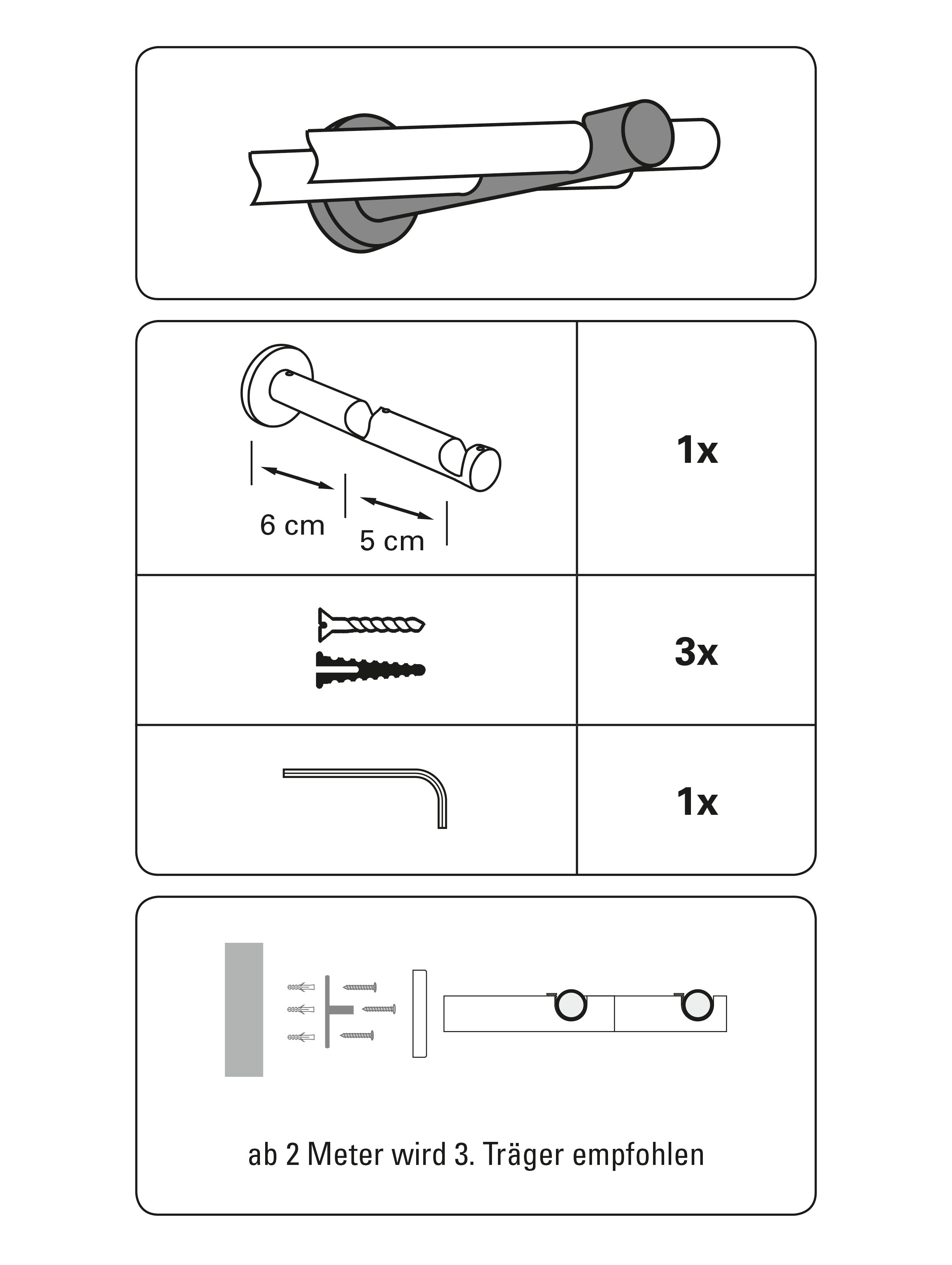 Montageanleitung für eine Wandhalterung mit zwei Aussparungen, Abstände 6 cm und 5 cm, Übersicht der Teile und Hinweis auf dritten Träger ab 2 Meter.