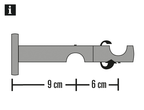 Seitenansicht einer Wandhalterung mit zwei halbrunden Aussparungen für Gardinenstangen, davon eine verstellbar; Gesamtlänge 15 cm (9 cm und 6 cm Abschnitte).