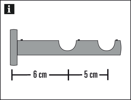 Wandhalterung seitlich, mit zwei Aussparungen, Abstände 6 cm und 5 cm.