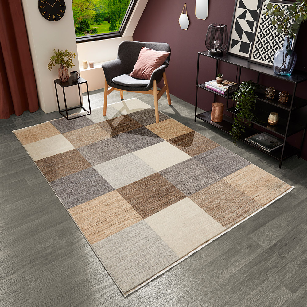 Teppich „Rocco“ in Taupe-Grau mit modernem Karomuster