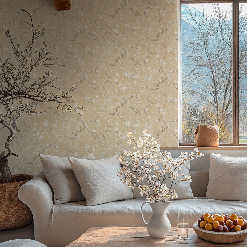 Vliestapete mit Baummotiv in Beige