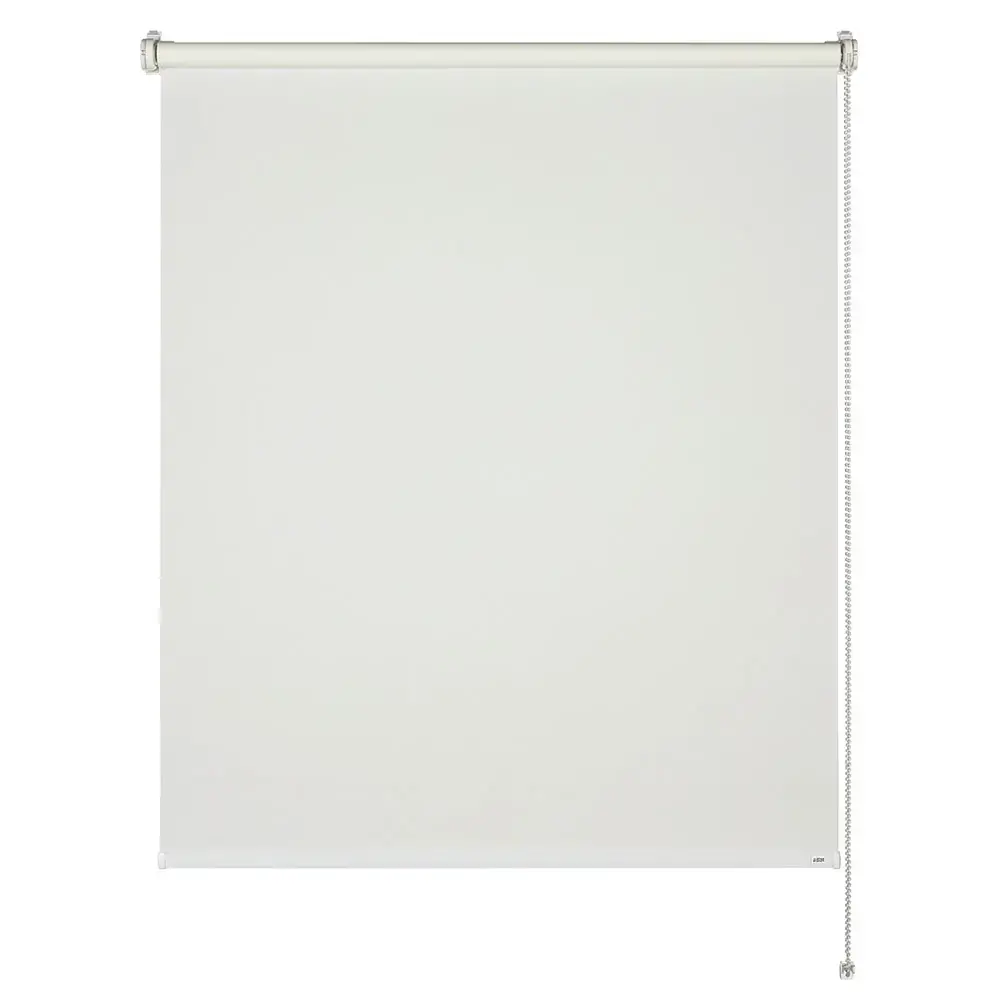 Weißes Rollo mit Seitenzugkette zur stufenlosen Höhenverstellung, geeignet als Sicht- oder Sonnenschutz für Fenster.